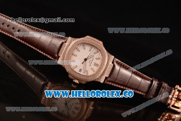 Patek Philippe Nautilus Miyota 9015 Automatic Rose Gold Case with White Dial and Brown Leather Strap - Click Image to Close